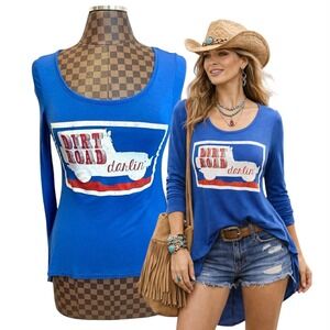 Judith March Dirt Road Darlin' Long Sleeve T-Shirt Hi-Low Blue Small Countrycore